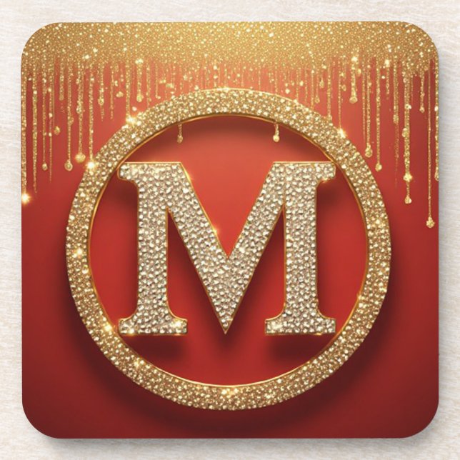 Initial Letter M Gold Glitter Monogram Beverage Coaster (Front)