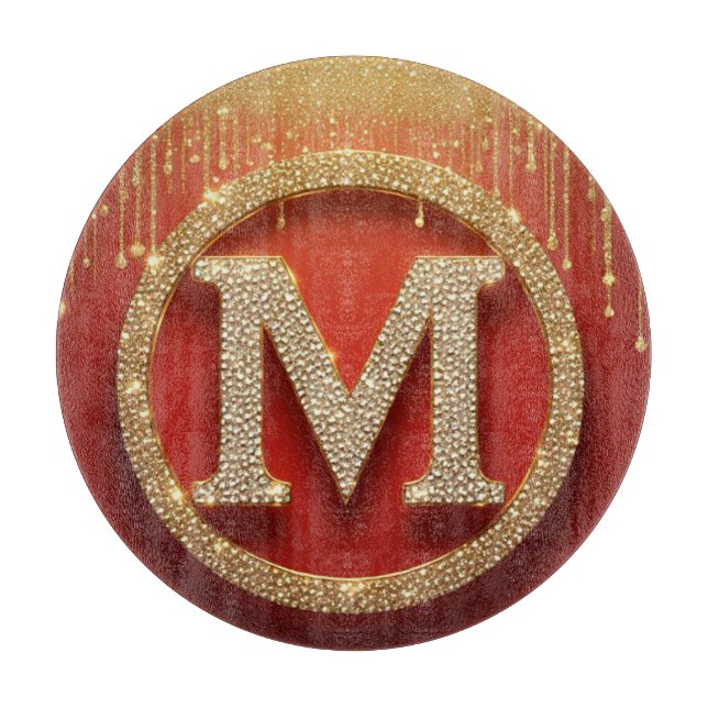 Initial Letter M Gold Glitter Monogram Cutting Board (Front)