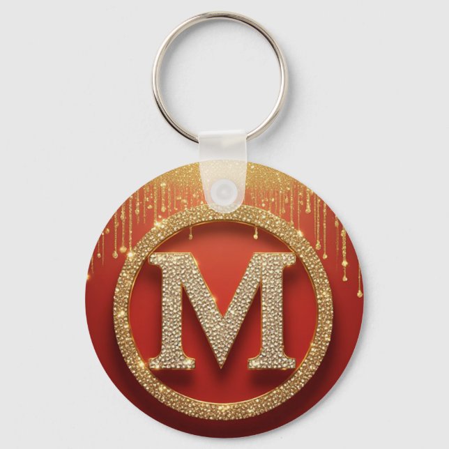 Initial Letter M Gold Glitter Monogram Keychain (Front)