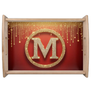 Initial Letter M Gold Glitter Monogram Serving Tray