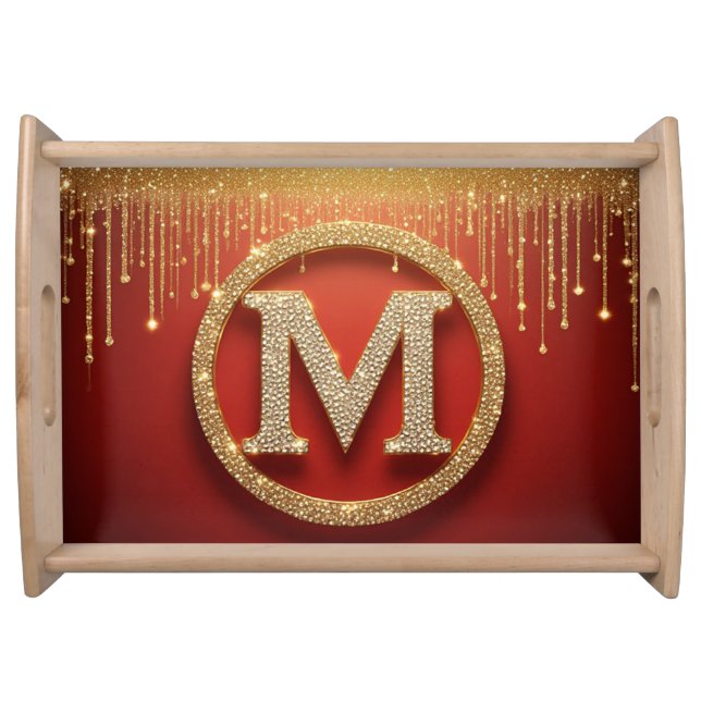 Initial Letter M Gold Glitter Monogram Serving Tray (Front)