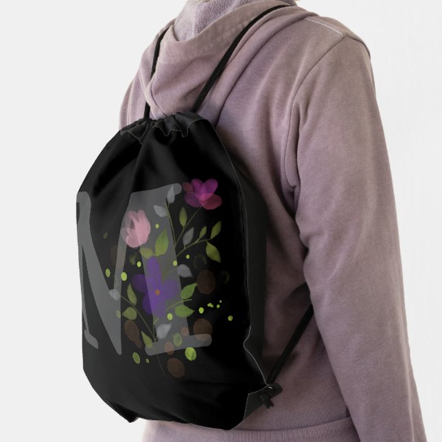 Initial Letter M Plus Floral Design Drawstring Bag (Insitu)
