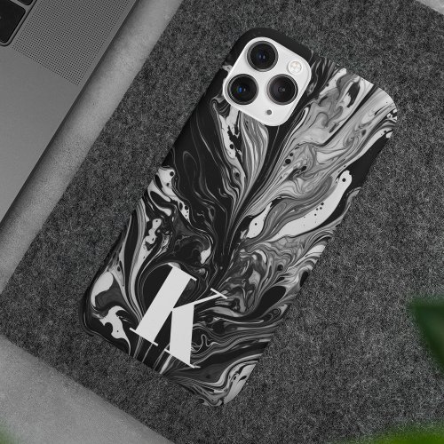 Initial Letter Monogram Black White Ink Marble iPhone 15 Pro Max Case