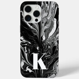 Initial Letter Monogram Black White Ink Marble iPhone 15 Pro Max Case