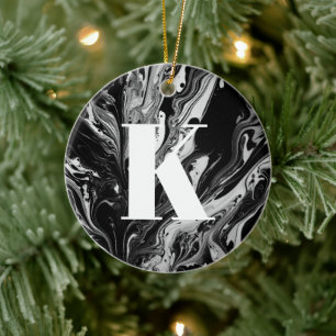 Initial Letter Monogram Black White Ink Marble Ceramic Ornament