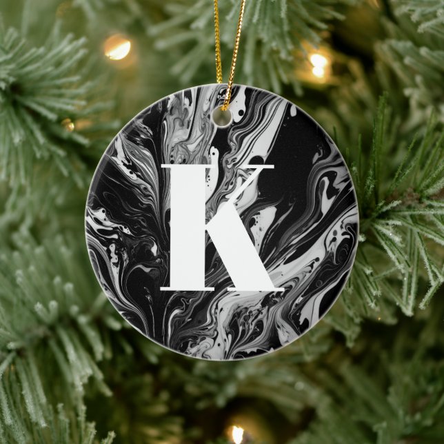 Initial Letter Monogram Black White Ink Marble Ceramic Ornament (Tree)