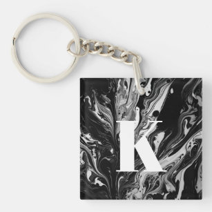 Letter K Initial Black White Black Leather Keychain