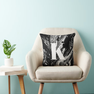 Initial Letter Monogram Black White Ink Marble Throw Pillow