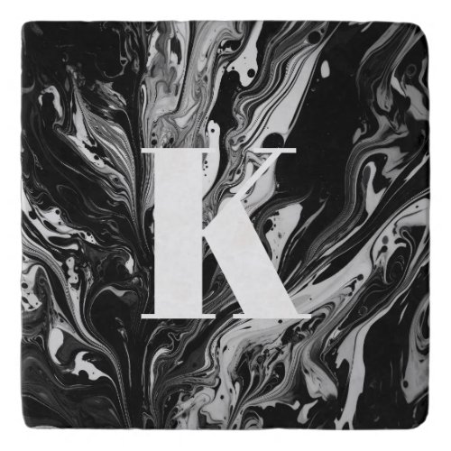 Initial Letter Monogram Black White Ink Marble Trivet