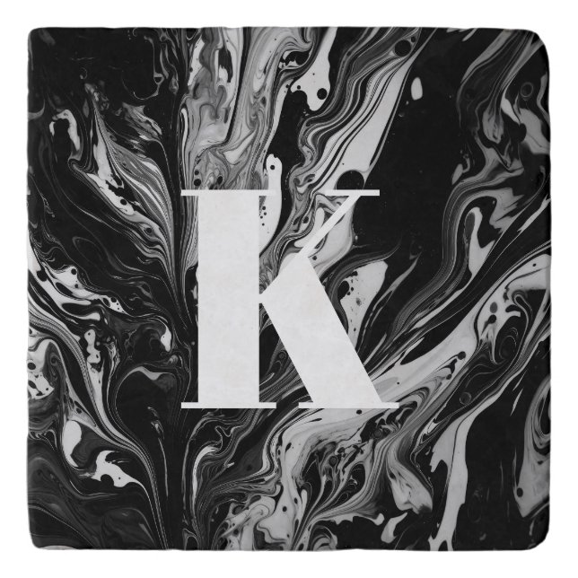 Initial Letter Monogram Black White Ink Marble Trivet (Front)