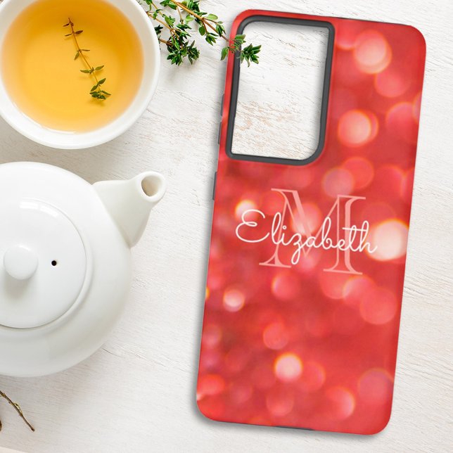Initial Letter Monogram Coral Faux Glitter Bokeh Samsung Galaxy Case (Creator Uploaded)