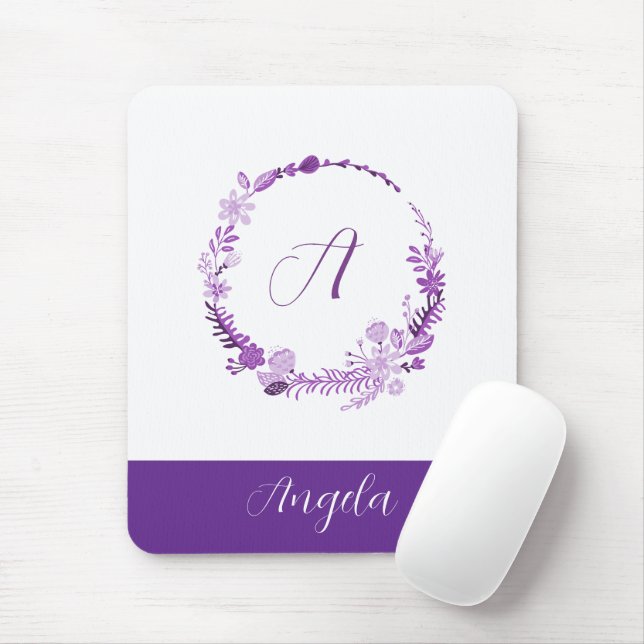 Initial Letter Monogram Elegant Chic Purple Floral Mouse Pad (With Mouse)