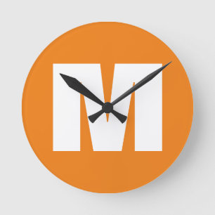 Initial Letter Monogram Modern Style Orange White Round Clock