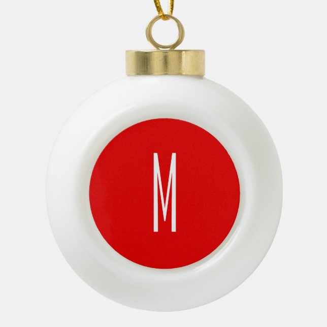 Initial Letter Monogram Modern Style Red White Ceramic Ball Christmas Ornament (Front)