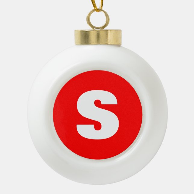 Initial Letter Monogram Modern Style Red White Ceramic Ball Christmas Ornament (Front)