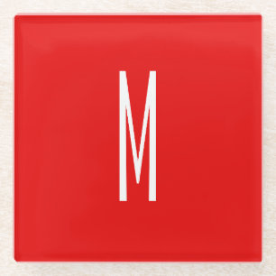 Initial Letter Monogram Modern Style Red White Glass Coaster