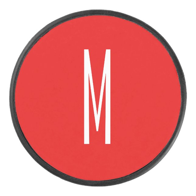 Initial Letter Monogram Modern Style Red White Hockey Puck (Front)