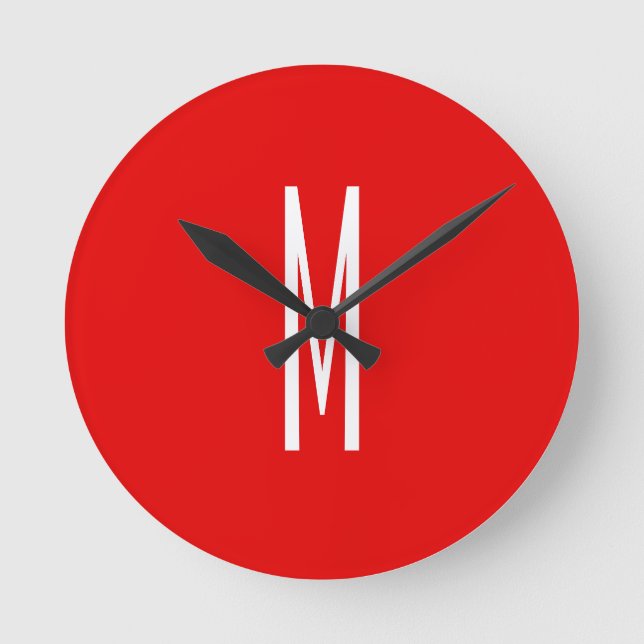 Initial Letter Monogram Modern Style Red White Round Clock (Front)