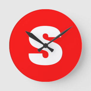 Initial Letter Monogram Modern Style Red White Round Clock