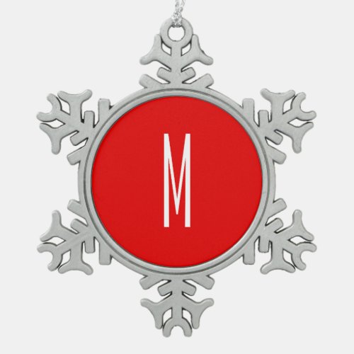 Initial Letter Monogram Modern Style Red White Snowflake Pewter Christmas Ornament