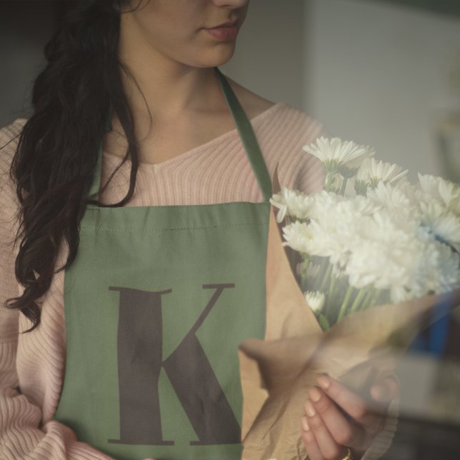 Initial Letter | Monogram Modern Trendy Sage Green Apron (Creator Uploaded)
