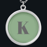 Initial Letter | Monogram Modern Trendy Sage Green Silver Plated Necklace<br><div class="desc">Simple,  stylish custom initial letter monogram necklace in modern minimalist typography in dark gray on sage green. A perfect custom gift or fashion accessory with a personal touch!</div>