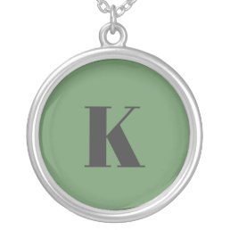 Initial Letter | Monogram Modern Trendy Sage Green Silver Plated Necklace