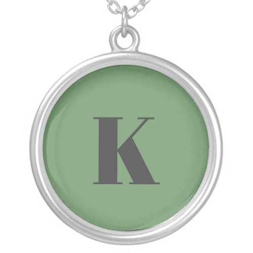 Initial Letter  Monogram Modern Trendy Sage Green Silver Plated Necklace