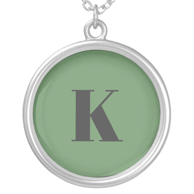 Initial Letter | Monogram Modern Trendy Sage Green Silver Plated Necklace (Front)