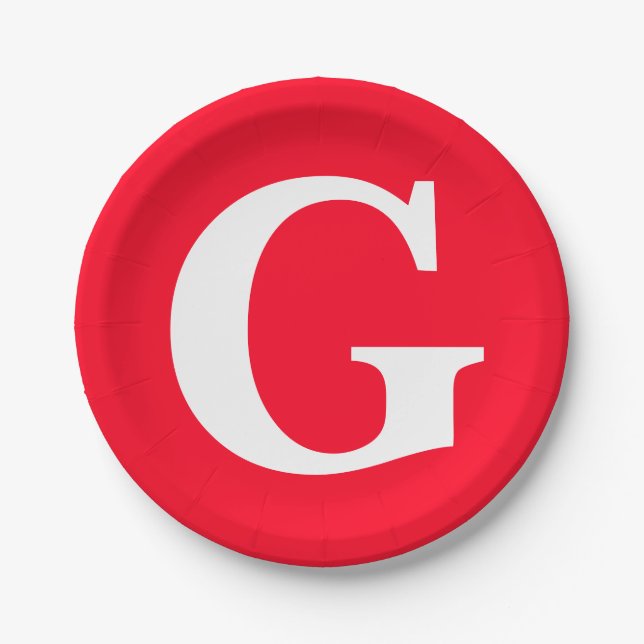 Initial Letter Monogram Red White Plain Simple Paper Plates (Front)