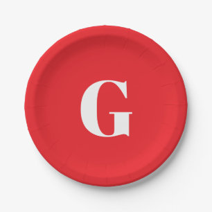 Initial Letter Monogram Red White Plain Simple Paper Plates