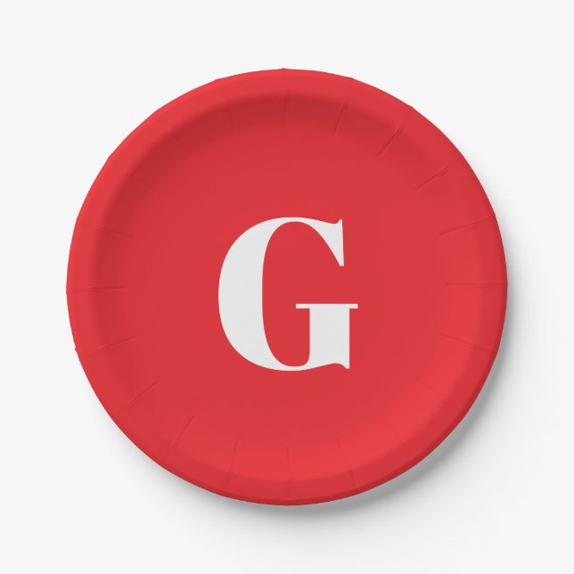 Initial Letter Monogram Red White Plain Simple Paper Plates (Front)