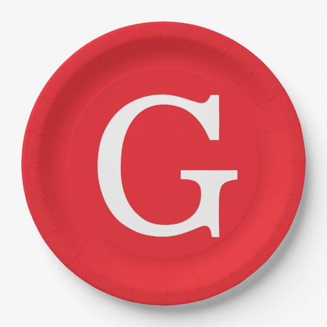 Initial Letter Monogram Red White Plain Simple Paper Plates (Front)