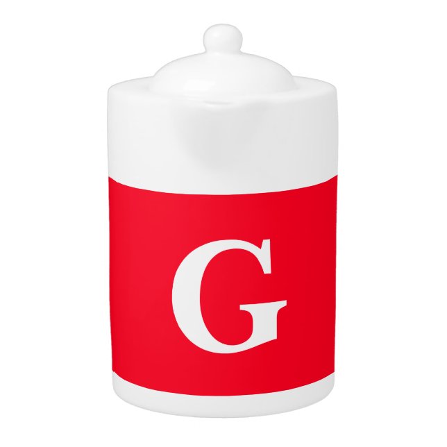 Initial Letter Monogram Red White Plain Simple Teapot (Front)