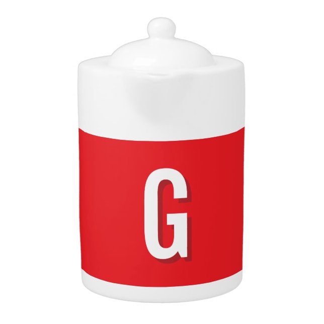 Initial Letter Monogram Red White Plain Simple Teapot (Front)