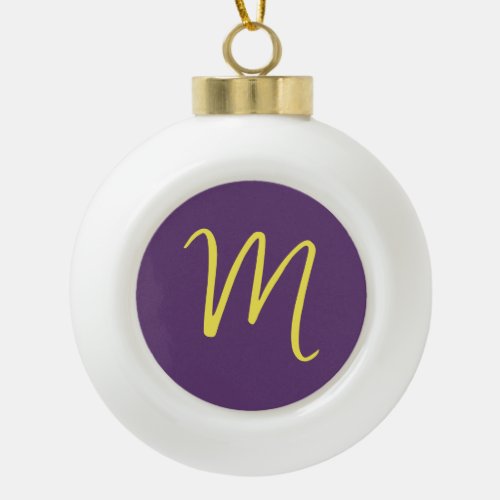 Initial Letter Monogram Stylish Indigo Yellow Ceramic Ball Christmas Ornament