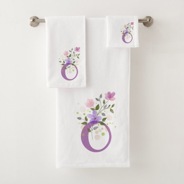 Initial Letter O Plus Floral Design Bath Towel Set (Insitu)