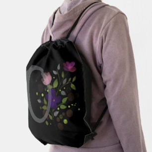 Initial Letter O Plus Floral Design Drawstring Bag