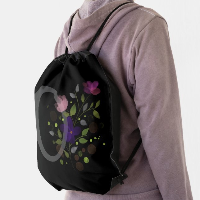Initial Letter O Plus Floral Design Drawstring Bag (Insitu)