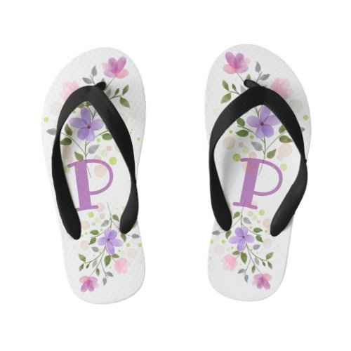 Initial Letter P Plus Floral Design Kids Flip Flops