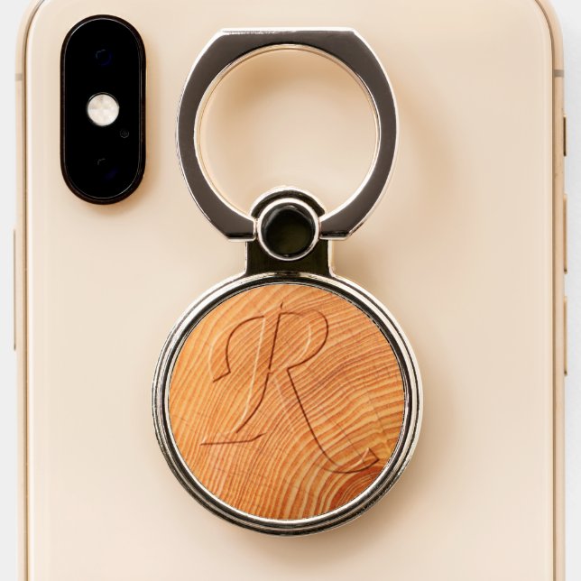 Initial Letter R Faux Distressed Wood Print Phone Ring Stand (Close Up)