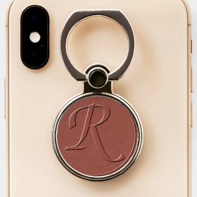 Initial Letter R Faux Embossed Leather Print Phone Ring Stand (Close Up)