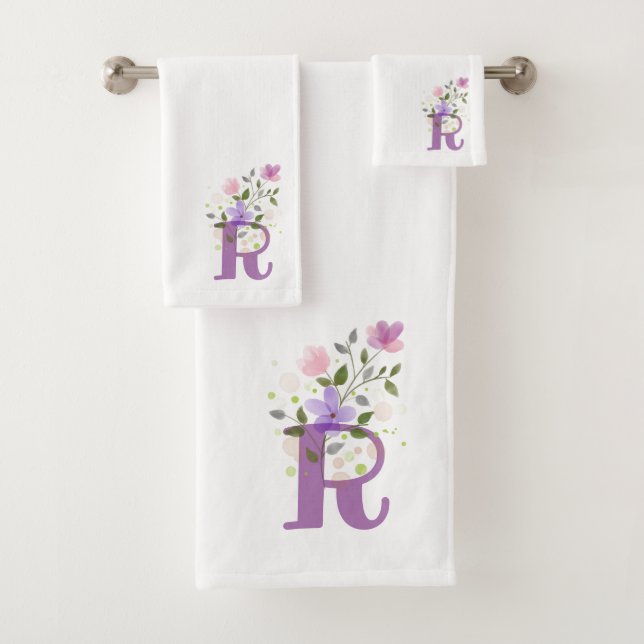 Initial Letter R Plus Floral Design Bath Towel Set (Insitu)