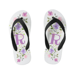 Initial Letter R Plus Floral Design Kid's Flip Flops