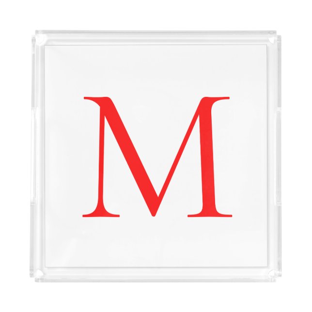 Initial letter red white monogrammed professional acrylic tray (Front)