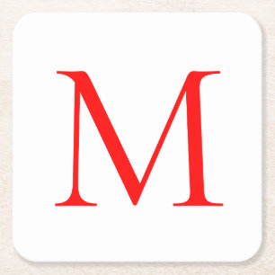 Initial letter red white monogrammed professional square paper coaster