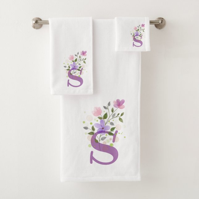 Initial Letter S Plus Floral Design Bath Towel Set (Insitu)