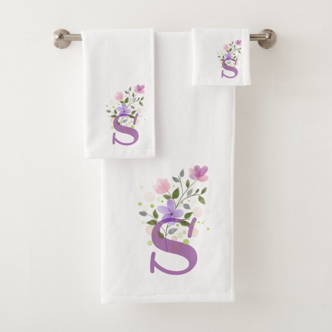 Initial Letter S Plus Floral Design Bath Towel Set