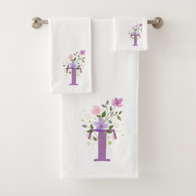 Initial Letter T Plus Floral Design Bath Towel Set (Insitu)