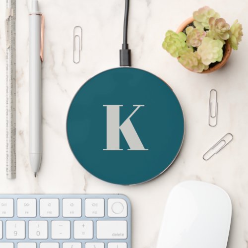 Initial Letter  Teal Monogram Modern Stylish Cool Wireless Charger